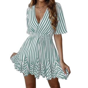 Striped V-Neck Tie-Waist Mini Dress - Sage Green & White